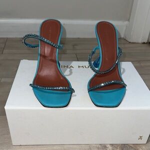 Amina Muaddi Gilda Glass Slipper Aqua Blue Embellished Heels